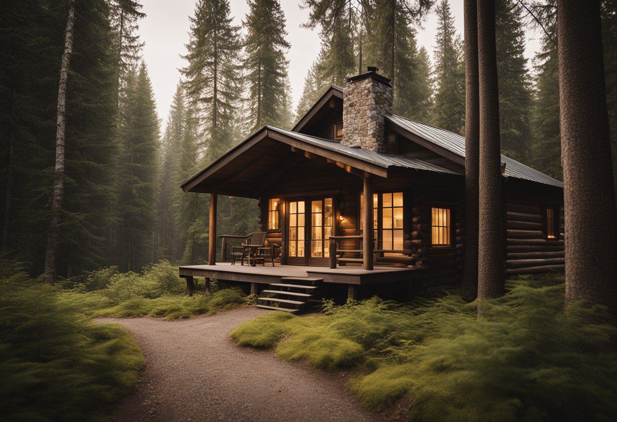 A cozy cabin nestled in a forest, with a weathered wooden exterior and a warm, inviting glow emanating from the windows. Surrounding the cabin are tall, sturdy trees and a peaceful, serene atmosphere