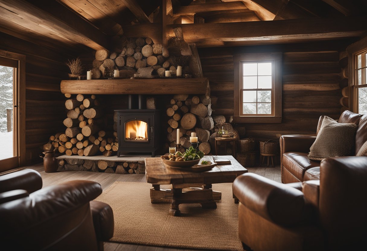 A cozy cabin nestled in the woods, built with weathered, salvaged wood. A crackling fire warms the rustic interior, inviting relaxation and tranquility