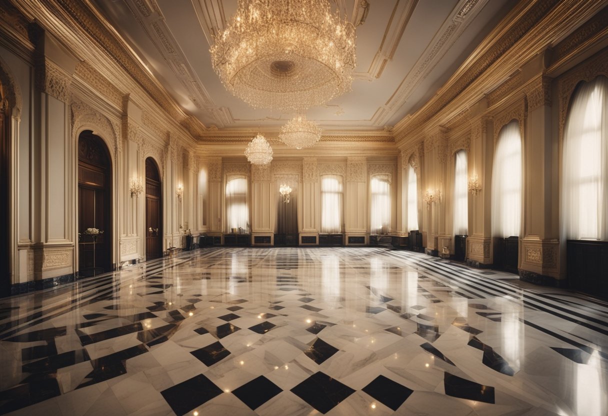 A grand ballroom with intricate marble floors, bathed in soft light, exuding timeless elegance and sophistication