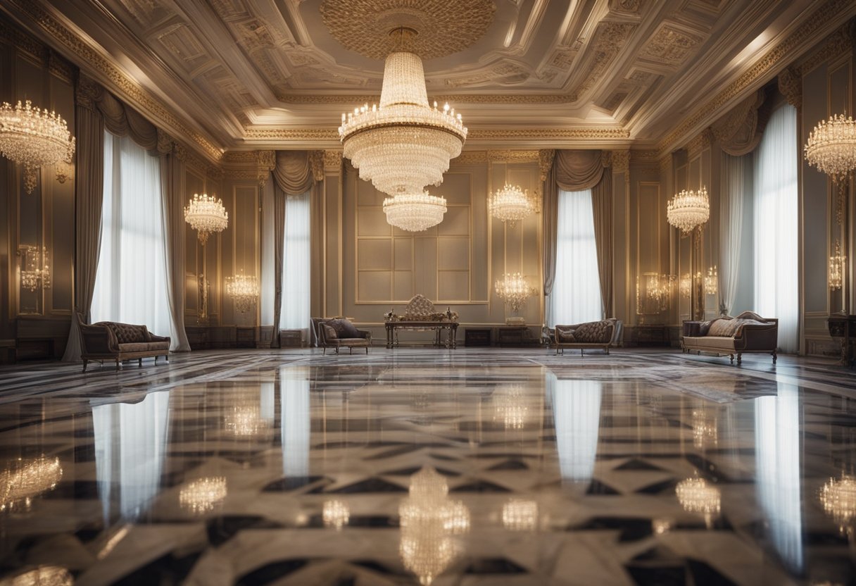 A grand ballroom with intricate marble flooring, reflecting light and exuding timeless elegance. Intricate patterns and luxurious textures create a sense of opulence and sophistication