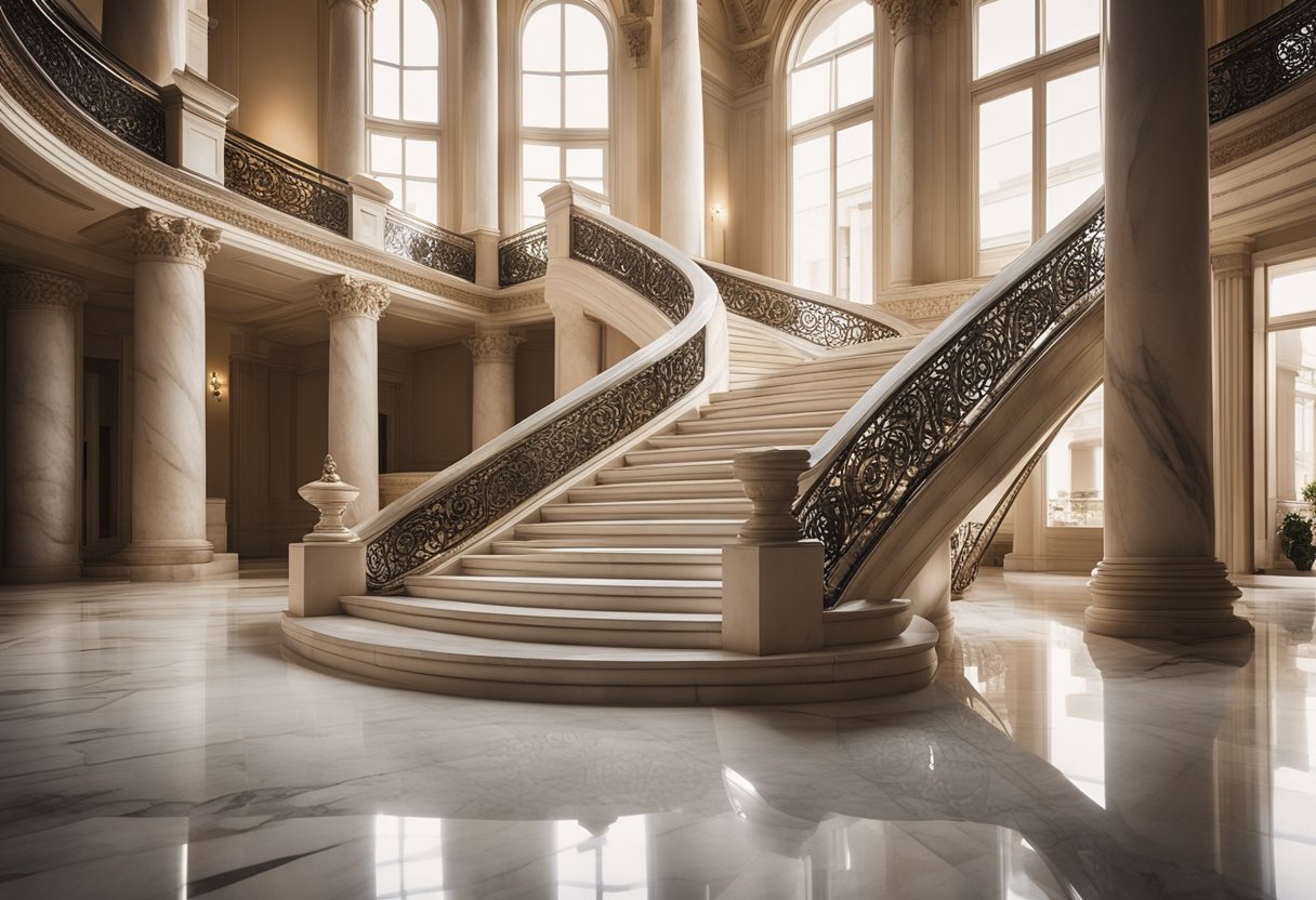 A grand marble staircase spirals upward, flanked by intricate marble columns and elegant marble flooring. The soft, natural light highlights the timeless sophistication of the marble design