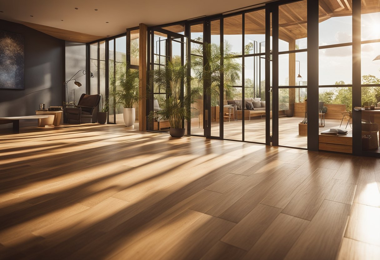 A sunlit room with bamboo, cork, and reclaimed wood flooring options. Natural light streams in through the windows, highlighting the eco-conscious flooring materials