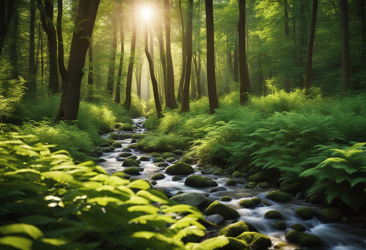 A lush forest with diverse tree species, a clear stream, and a sunlit clearing, showcasing eco-conscious flooring options