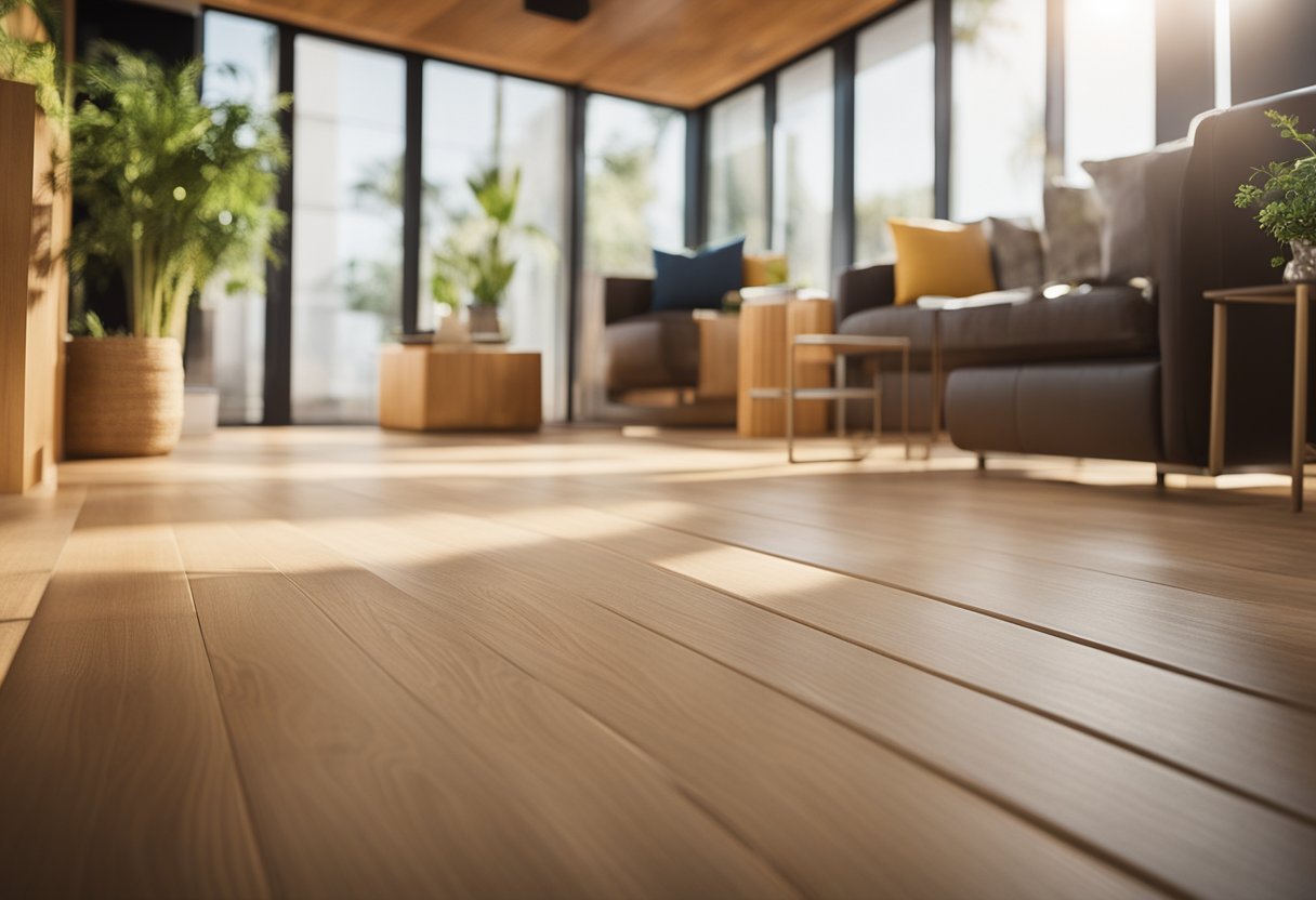 A sunlit room with eco-friendly flooring options like bamboo, cork, or reclaimed wood. Recycling bins and natural light enhance the sustainable atmosphere