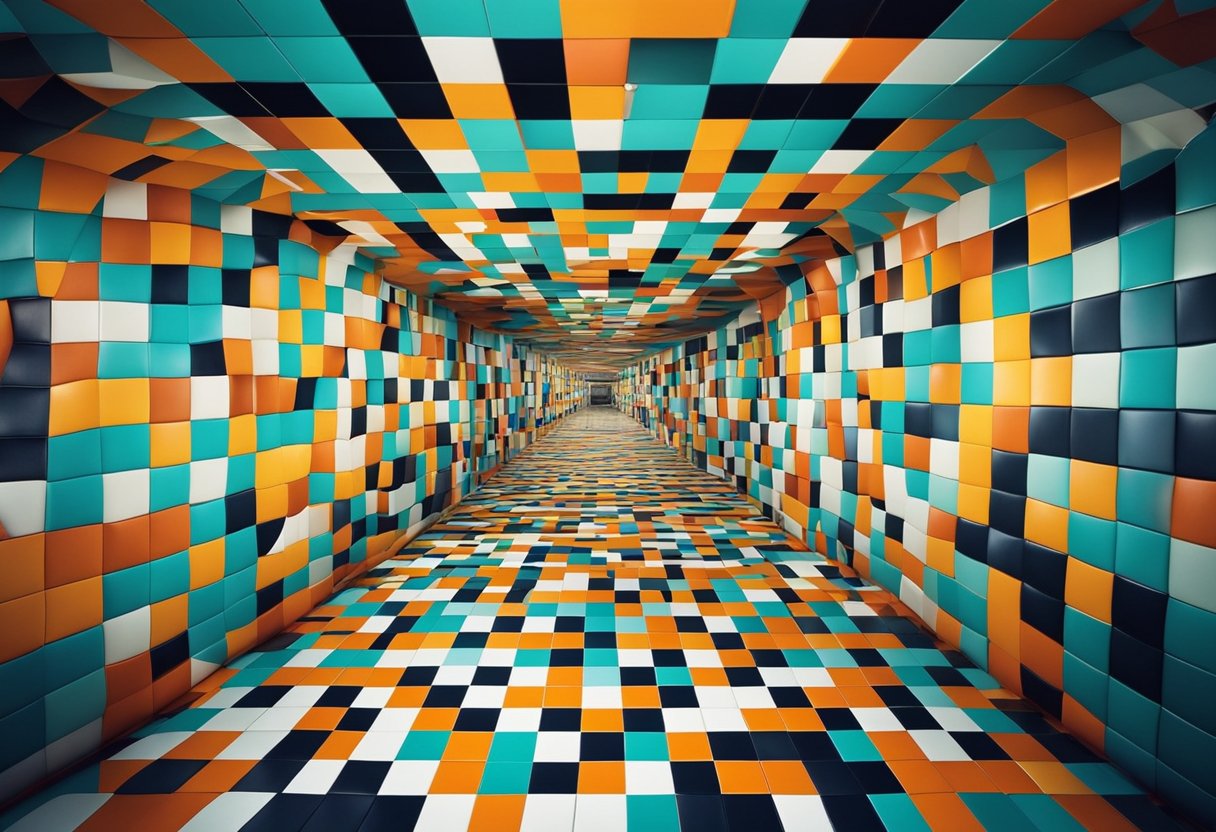 A room with a geometric patterned floor in vibrant colors, creating a visually dynamic and lively atmosphere