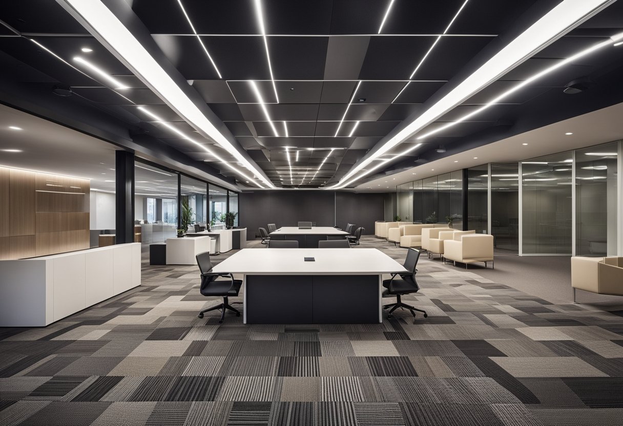 A modern office space with luxury carpet tiles arranged in a modular and flexible pattern, creating a dynamic and creative environment