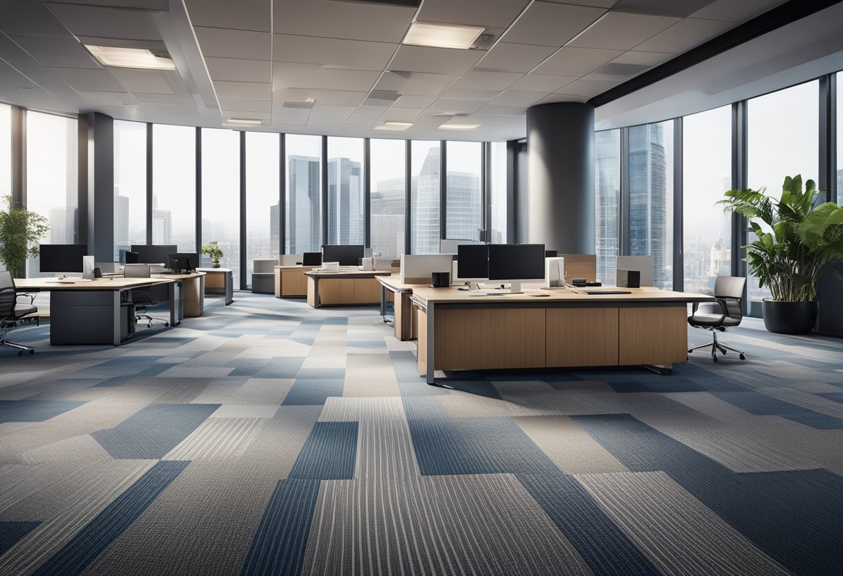 A modern office space with sleek, modular luxury carpet tiles arranged in creative patterns, showcasing their flexibility and elegant design