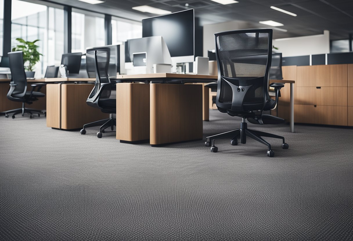 A modern office space with sleek, modular carpet tiles in various colors and patterns. The tiles are arranged in a creative, flexible layout, showcasing their versatility for different areas