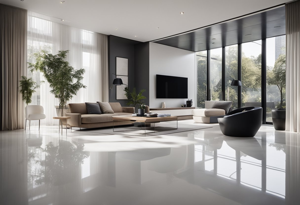 A spacious, minimalist living room with glossy resin floors reflecting the natural light. Clean lines and a sleek, modern aesthetic create an elegant and sophisticated atmosphere