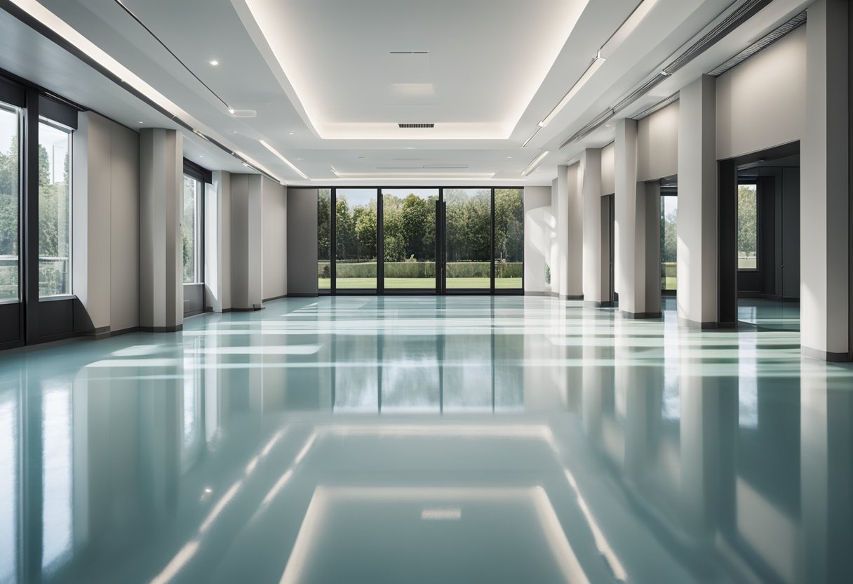 A spacious, well-lit room with a glossy, seamless epoxy floor in a modern design. The surface is smooth and reflective, with a sleek resin finish that adds a touch of elegance to the space