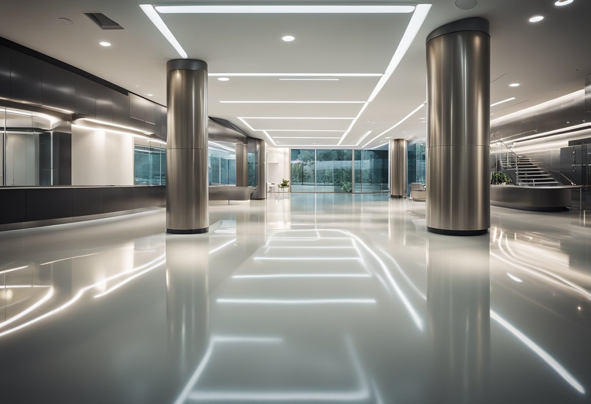 A sleek, modern floor with a glossy epoxy resin finish. Clean lines and a seamless, polished surface create a contemporary and elegant look