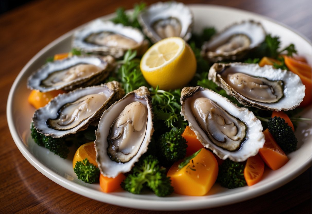 A plate of oysters surrounded by colorful low-carb vegetables and herbs, with a lemon wedge on the side
