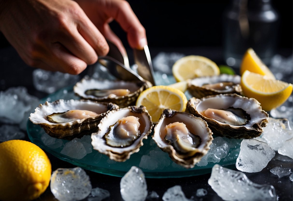 Oysters arranged on a bed of ice, surrounded by lemon wedges and cocktail sauce. A hand holding a shucker poised to open the oysters