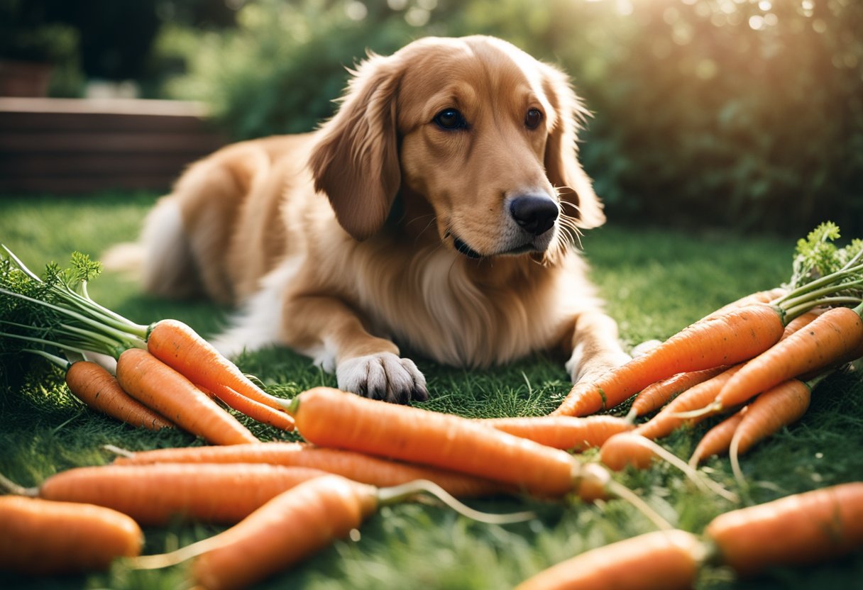 A dog surrounded by carrots, eagerly sniffing and munching on them