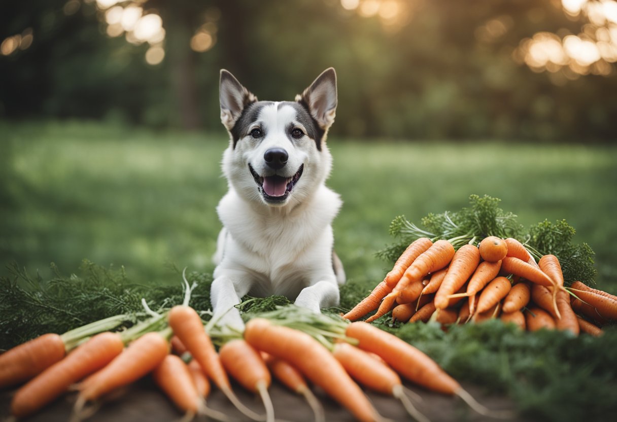 A dog happily munches on a pile of carrots, showcasing them as a healthy snack option