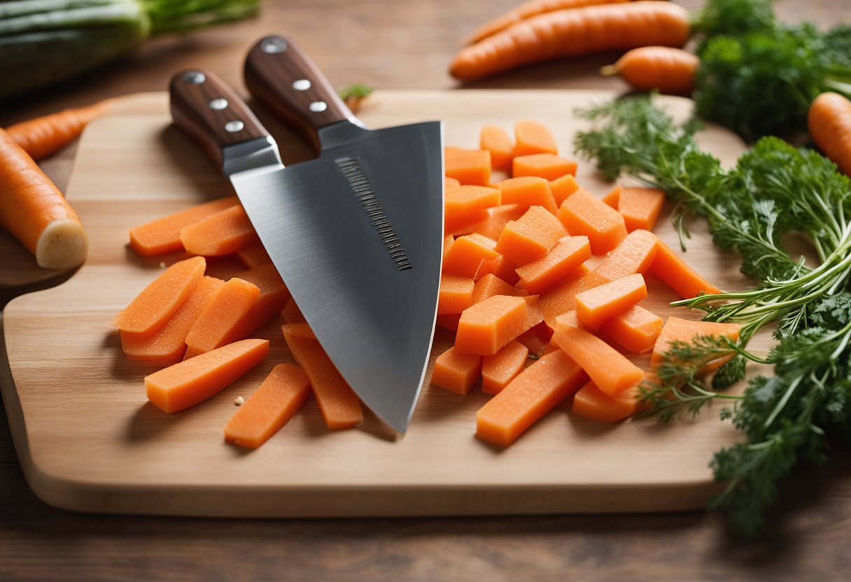 Carrots being chopped into small pieces for dogs. A pile of carrots next to a cutting board and knife
