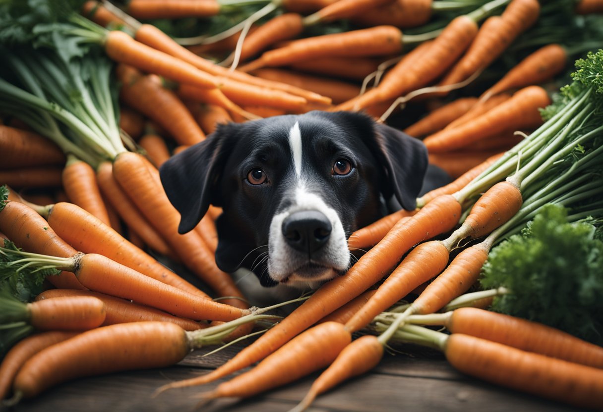 A dog surrounded by a variety of carrots, with a concerned expression on its face