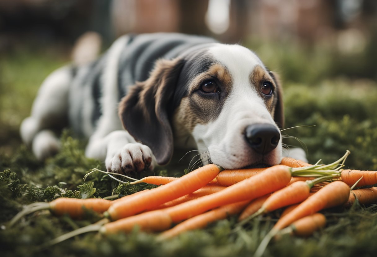 A dog happily munching on a pile of carrots, with a few scattered on the ground