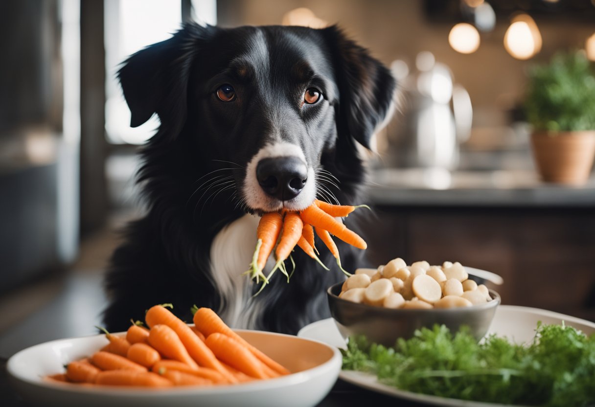 A dog eagerly eating carrots from a bowl, with a curious expression and wagging tail