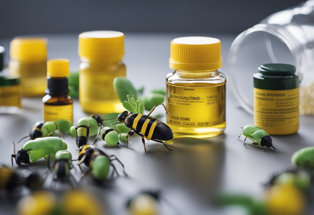 Various types of neonicotinoid insecticides displayed on a laboratory table