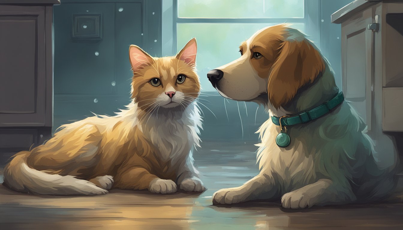 A dog and cat sit in a damp, moldy room. They cough and sneeze, their eyes watering. The air is heavy with spores, and their fur is matted and discolored