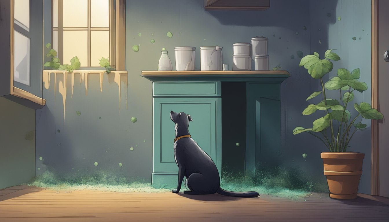 A dark, damp corner of a room with visible mold growth on walls and surfaces. A pet, looking distressed, sits nearby, surrounded by mold spores in the air