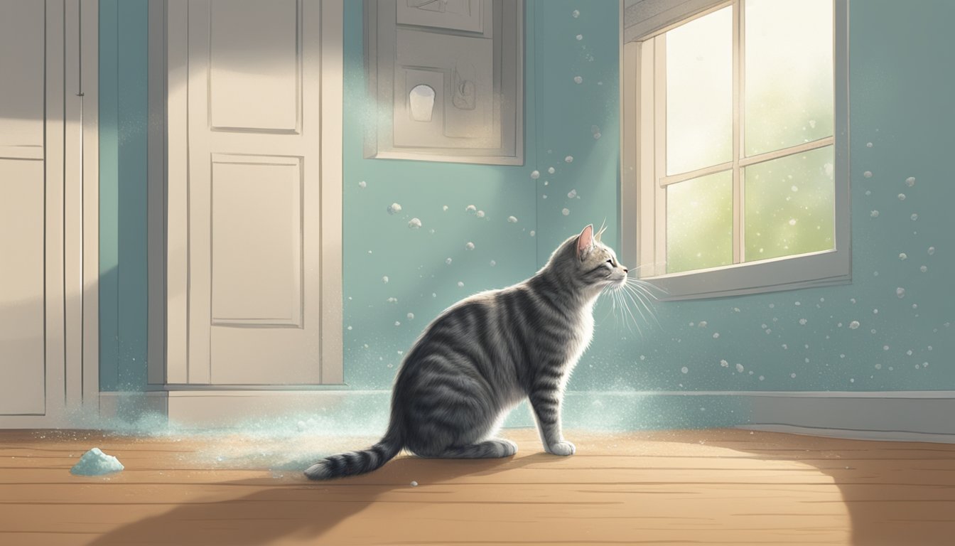 A cat sneezing near a damp, moldy corner of a room. Mold spores float in the air, causing the pet to scratch and wheeze