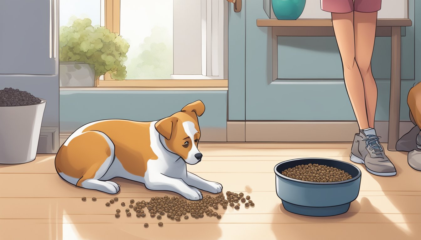 A pet food bowl with moldy kibble, a worried pet owner reading a mycotoxin warning label, and a sick pet lying on the floor
