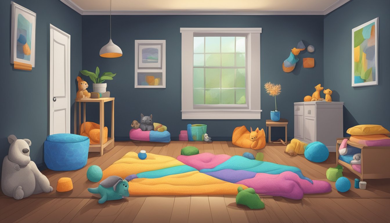 A dark, damp corner of a room with pet toys and bedding. Mold grows on walls and floors, posing a silent threat to pets' health