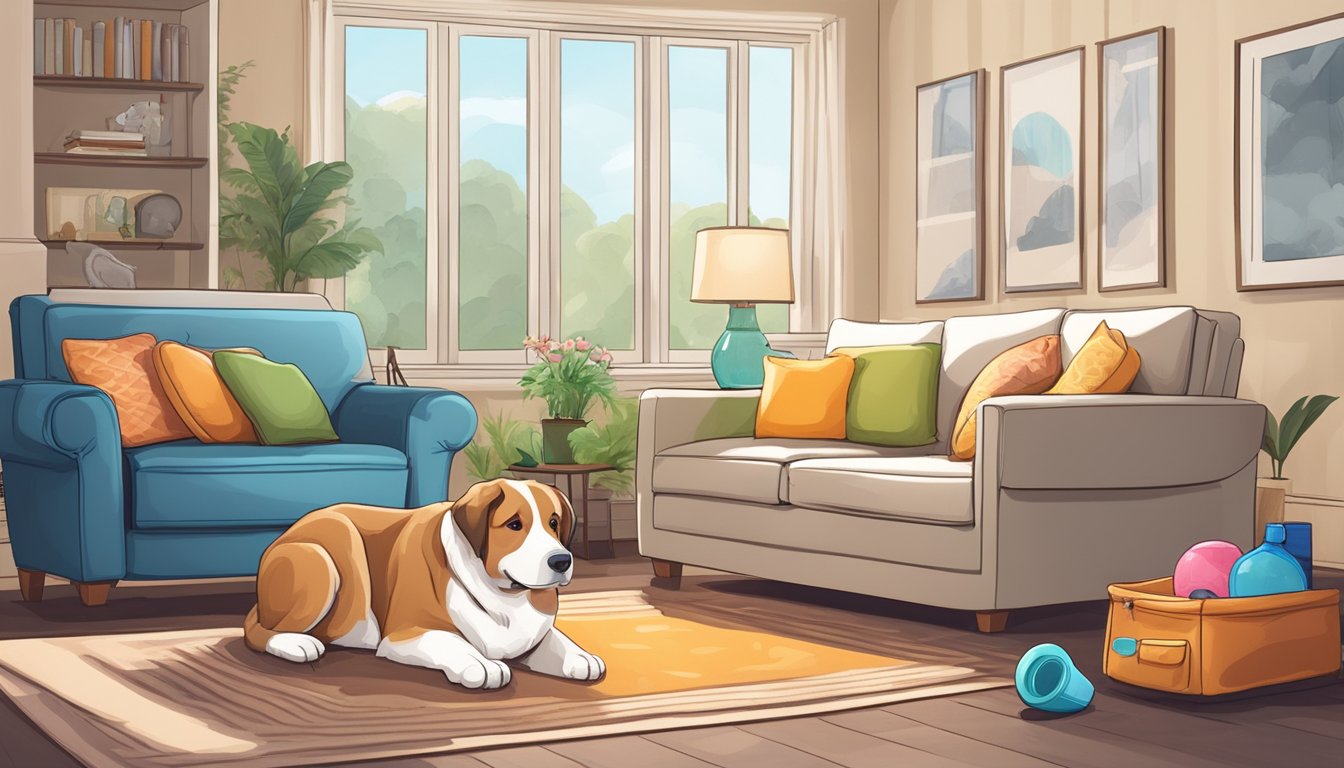 A cozy living room with a dog bed and toys. Mold grows in the corner behind the couch. A pet-friendly cleaning spray sits on the table