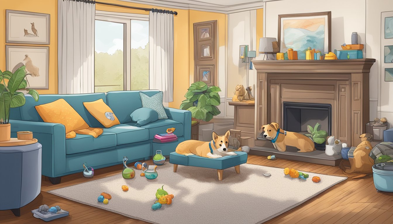 A cozy living room with pet toys scattered about, a water bowl, and a damp, musty odor lingering in the air. Visible signs of mold growth on walls, furniture, and pet bedding