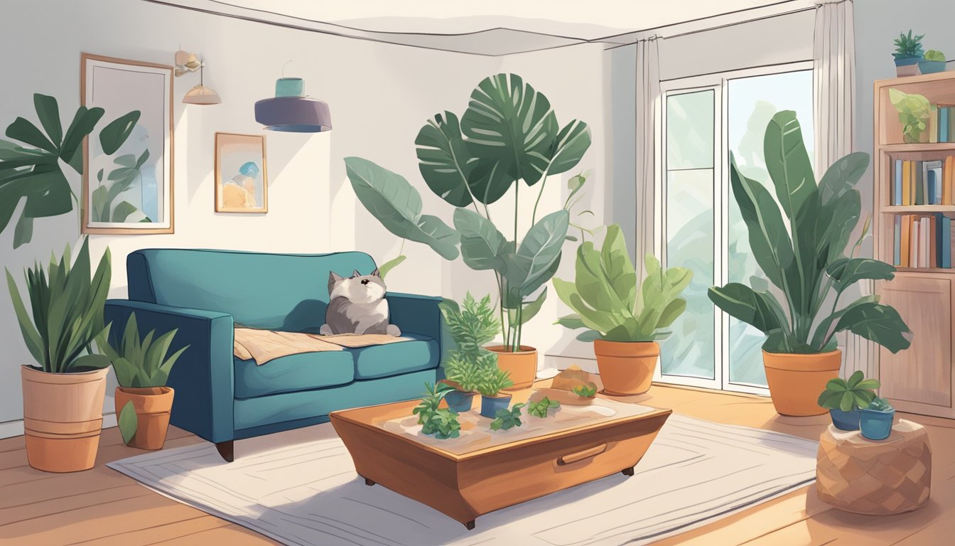 A cozy living room with a fluffy pet bed and toys, surrounded by potted plants and a water bowl. A subtle musty odor lingers in the air, hinting at hidden mold