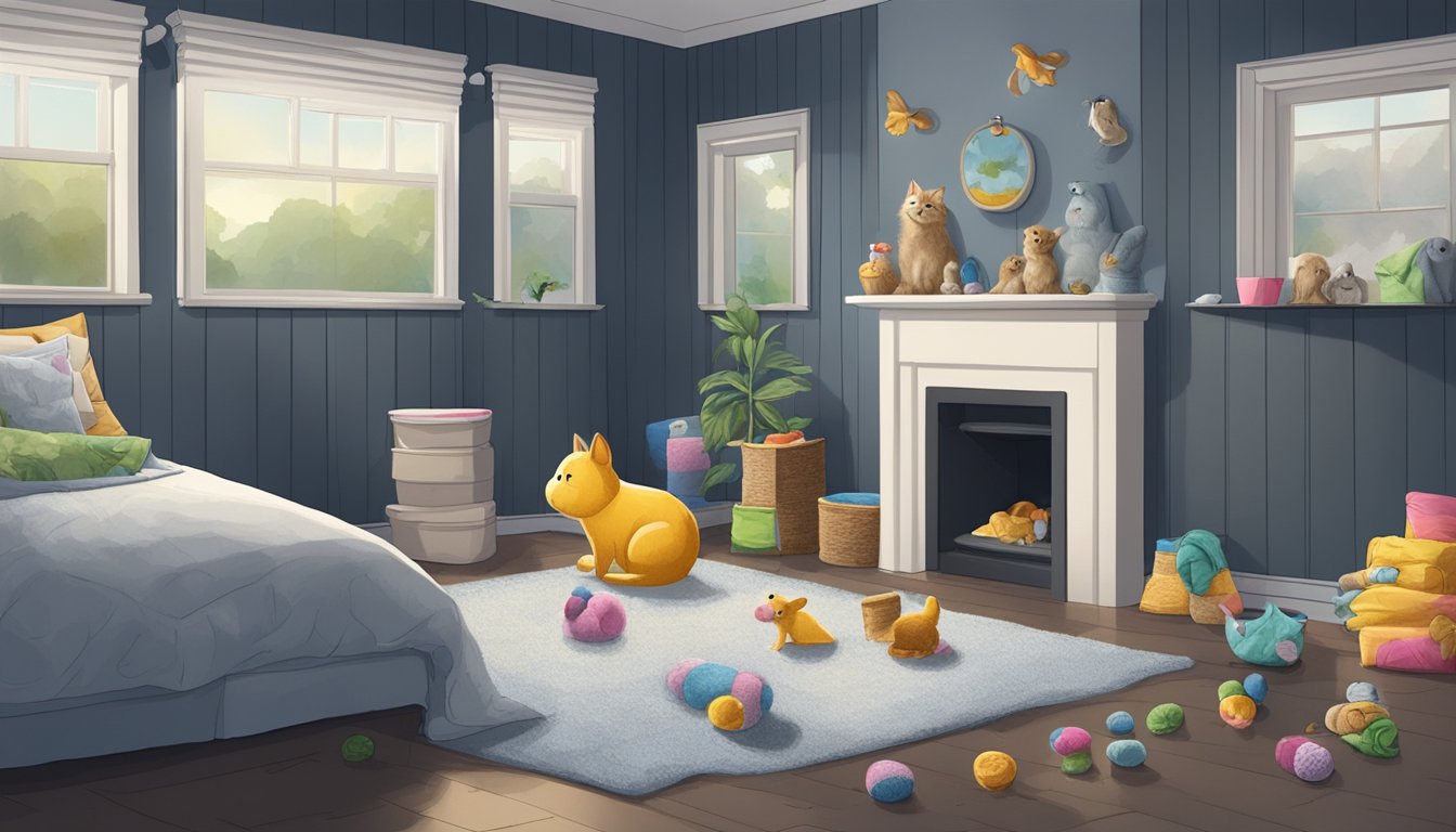 A dark, damp corner of a pet-friendly room with visible mold growth on the walls and floor, surrounded by pet toys and bedding
