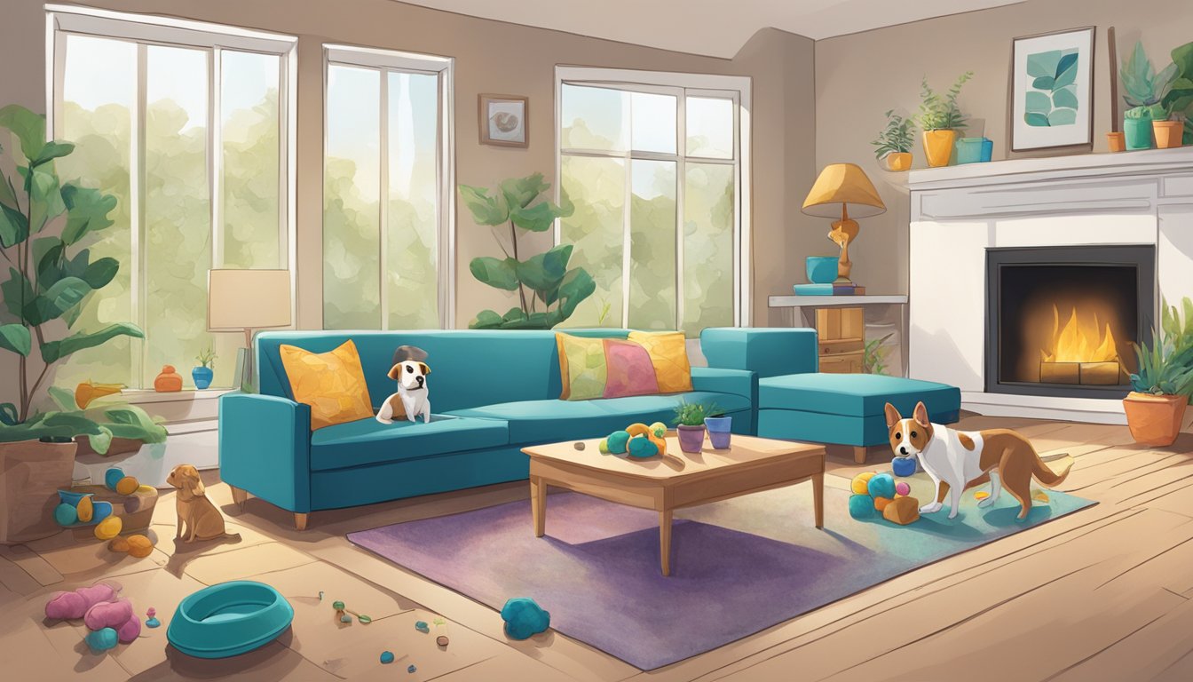 A cozy living room with pet toys scattered about. A hidden corner reveals mold growth near the pet's feeding area