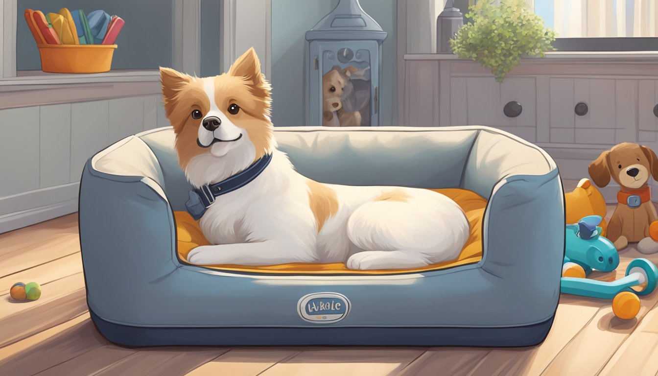 A cozy pet bed made of soft, breathable materials sits in a clean, well-ventilated space. The bed is surrounded by toys and other comforting items, creating a safe and inviting space for a furry companion