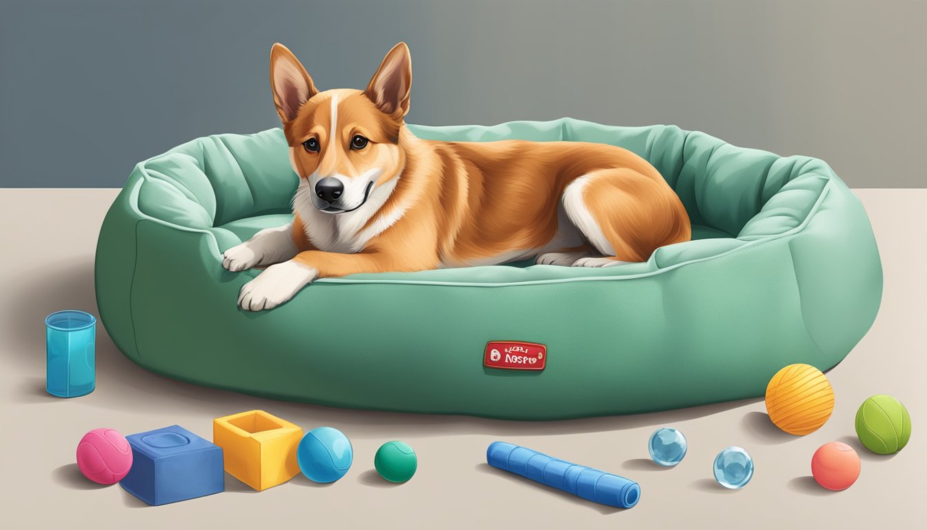 A spacious pet bed with soft, mold-resistant material, surrounded by toys and a water bowl