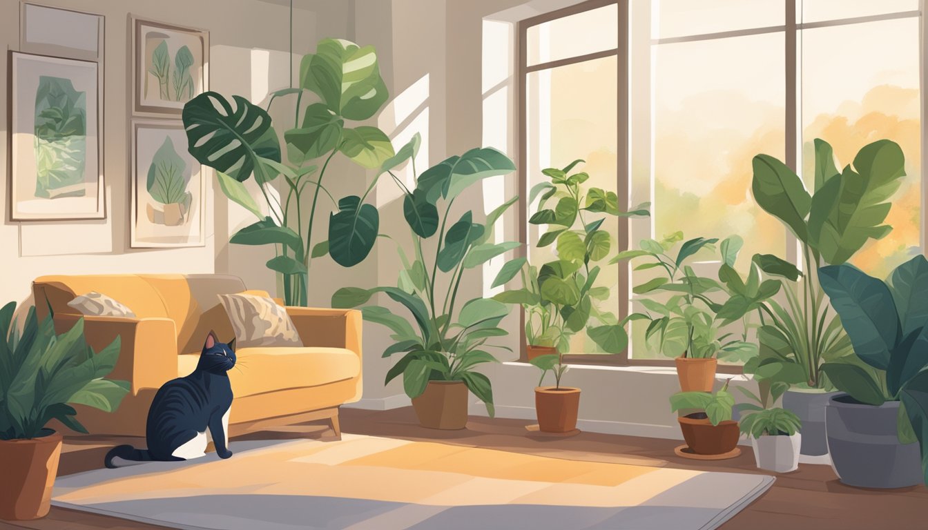 A cozy living room with a cat lounging by a sunny window, surrounded by indoor plants and a dehumidifier to reduce mold spores in the air