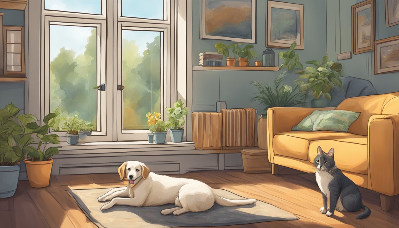 A cozy living room with a dog and cat lounging peacefully as fresh air circulates through an open window, filtering out harmful mold spores