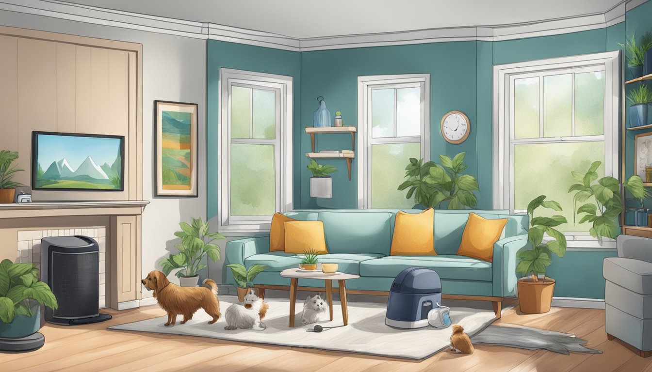 A room with pets and air purifiers, mold-resistant materials, and open windows to prevent mold growth