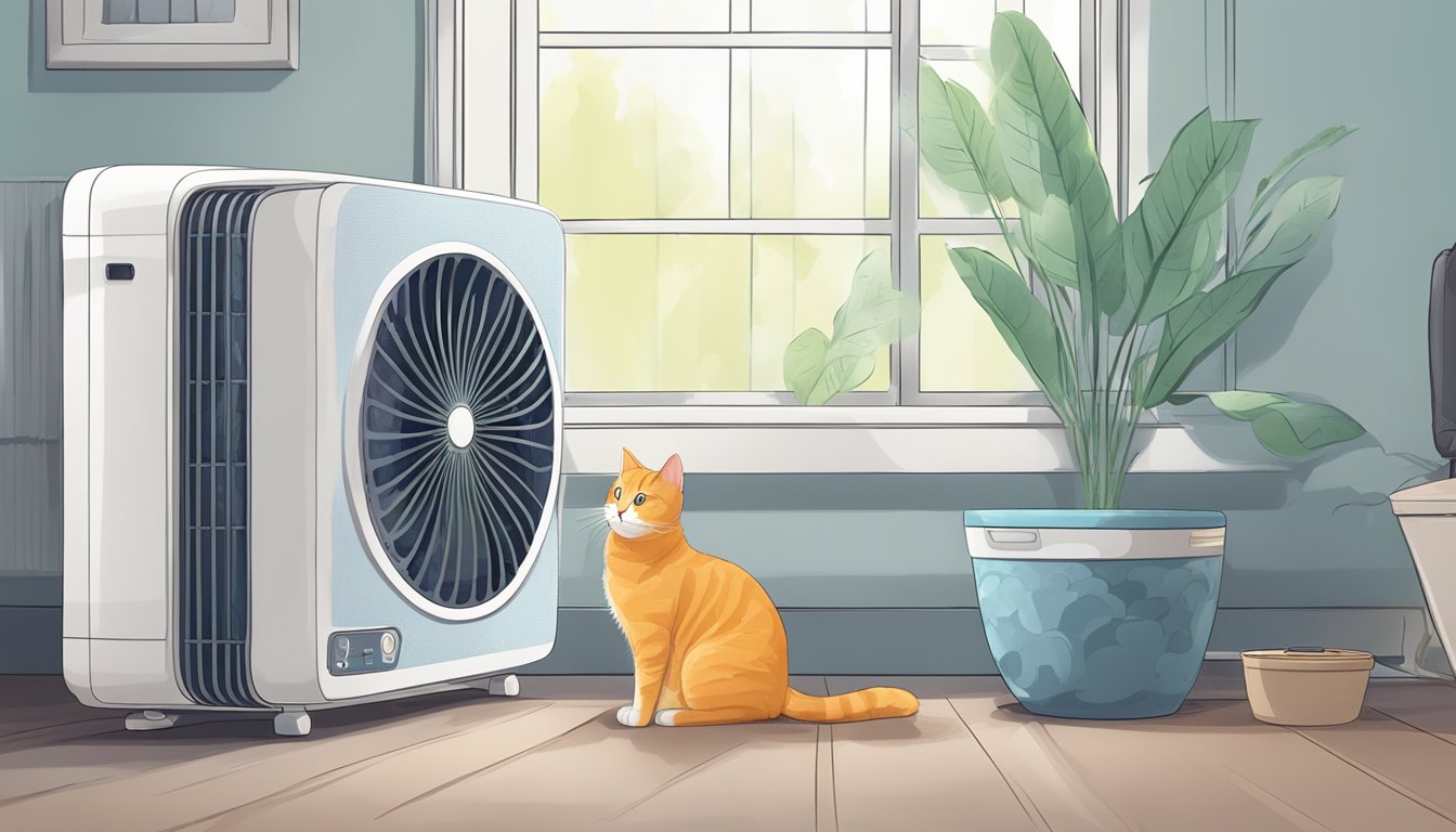 A cat sits beside an air purifier, surrounded by clean, fresh air. Mold spores are trapped in the filter, ensuring the pet's safety