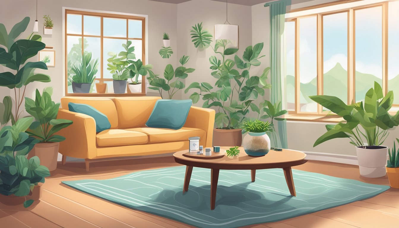 A cozy living room with plants, an air purifier, and pet-friendly essential oils. A pet bed in a well-ventilated area away from moisture and mold