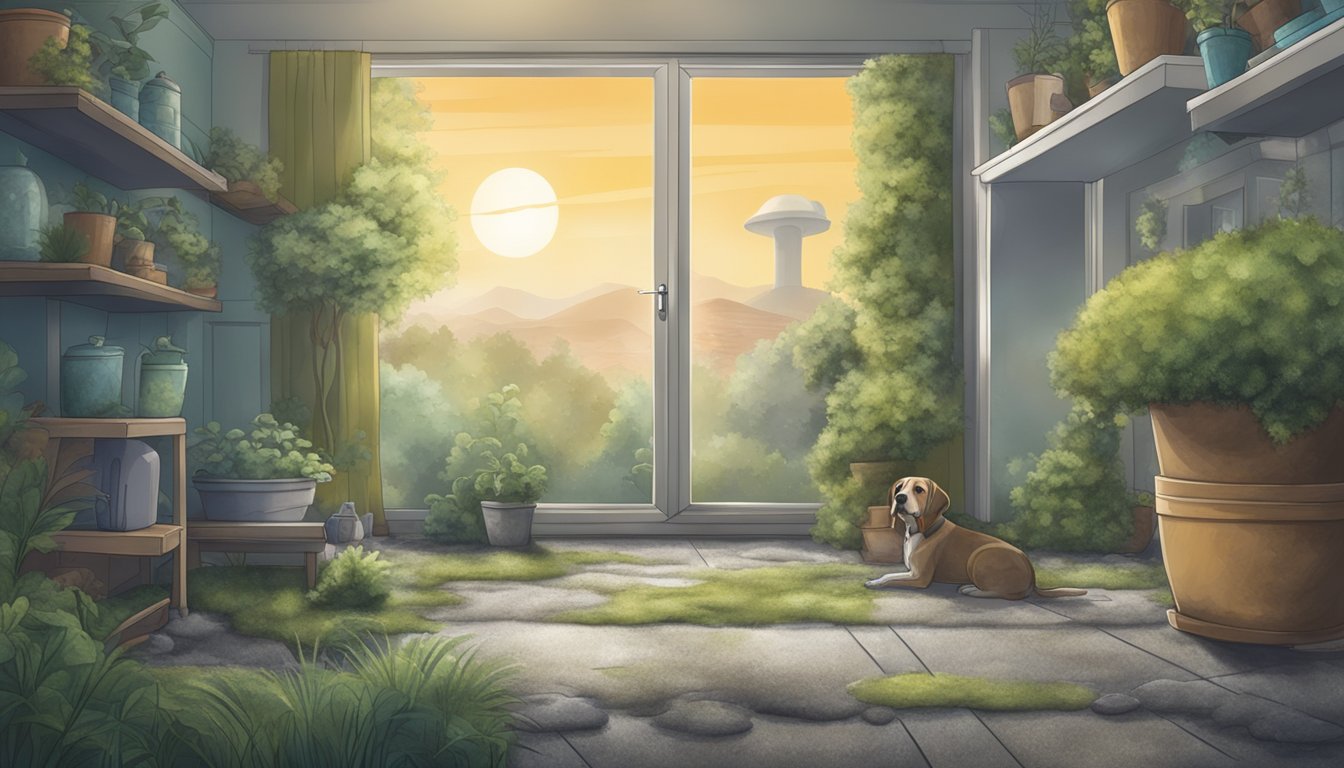 An outdoor scene with smog and pollution, with a focus on a pet sitting inside a house surrounded by mold spores