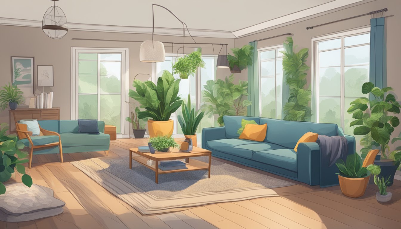 A cozy living room with a pet bed and indoor plants. Mold spores are visible in the air, while a regulatory document on air quality is displayed