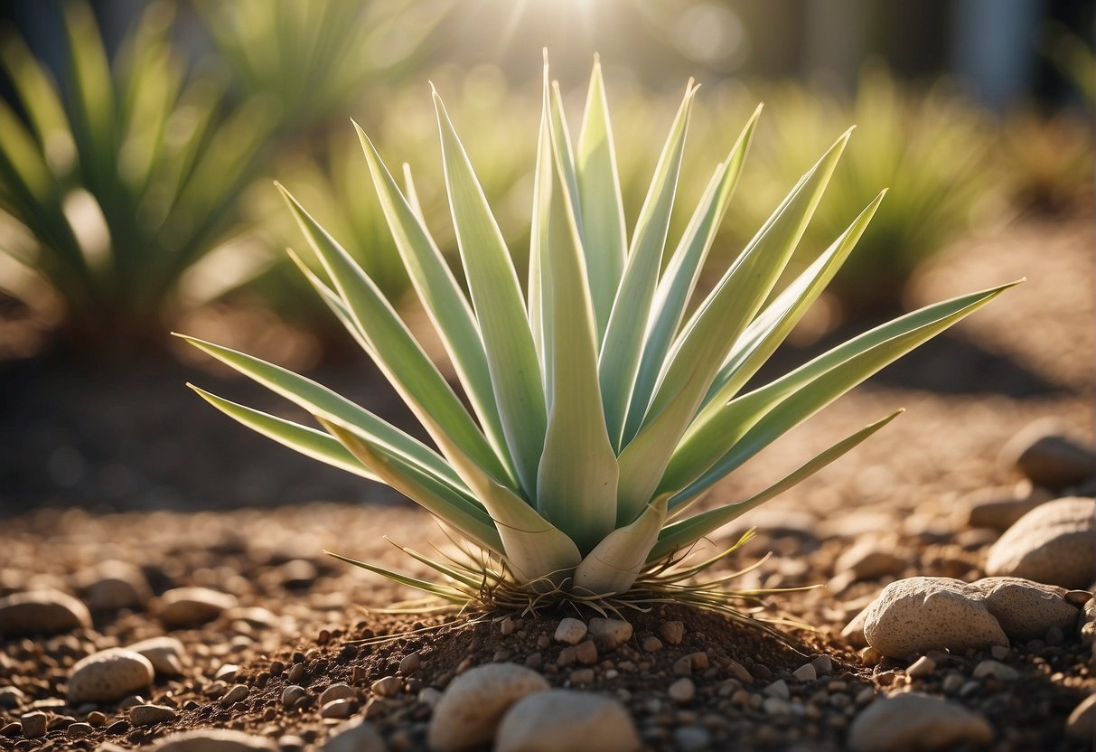 A yucca plant with long, sword-shaped leaves growing in well-drained soil under bright sunlight
