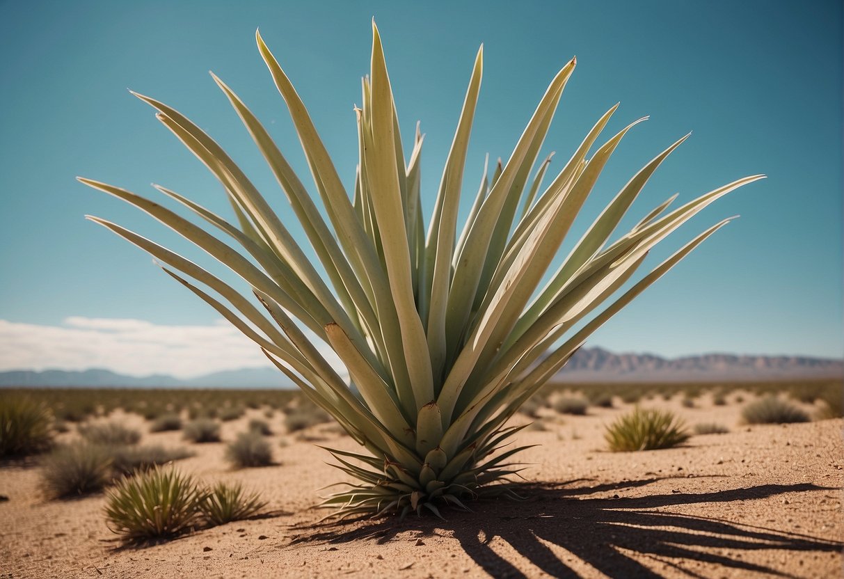 A yucca plant growing in a sunny, arid landscape with well-drained soil, reaching towards the sky with long, sword-like leaves