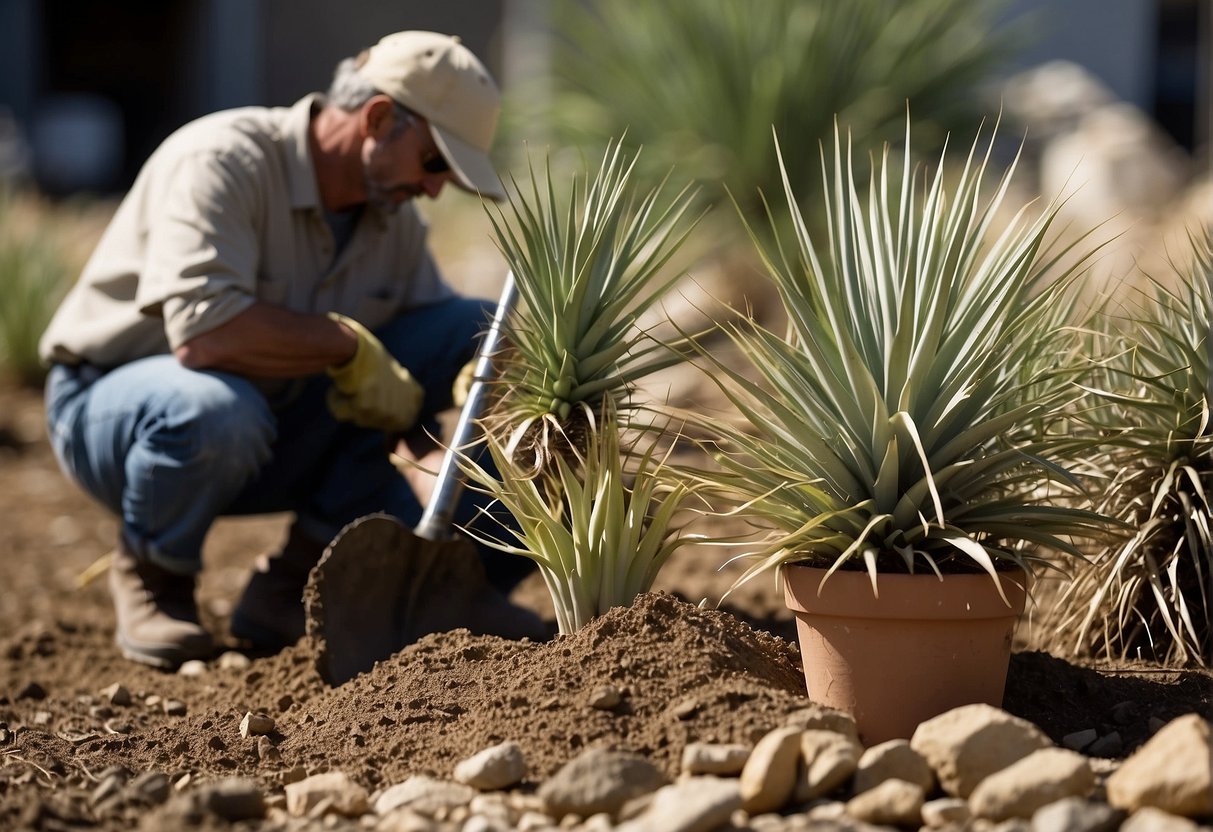 Yucca plants being carefully uprooted and transferred to new location. Shovels, pots, and soil bags scattered around. Instructional pamphlet nearby