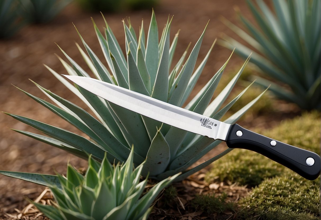 Yucca plants being separated with a sharp knife