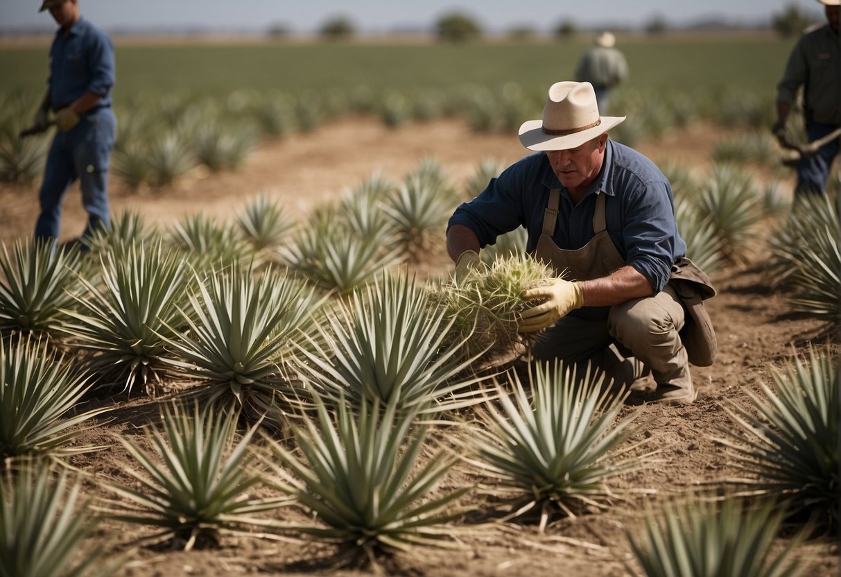 Yucca plants being harvested and processed for use in farming, with tools and equipment visible