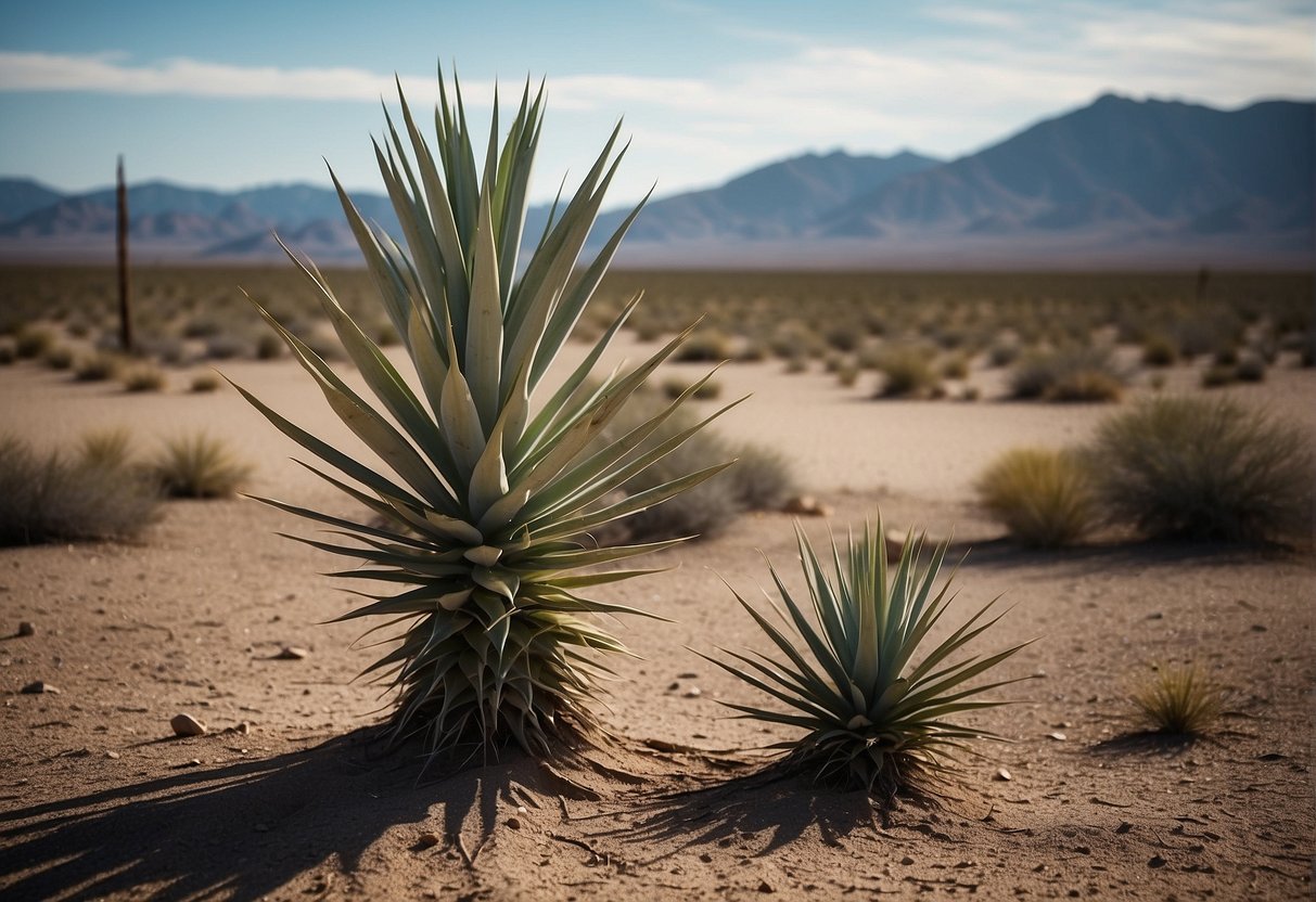 A yucca plant stands tall in a desolate landscape, surrounded by barren soil and a harsh, unforgiving environment. The plant's sturdy leaves and spiky appearance convey resilience and adaptability