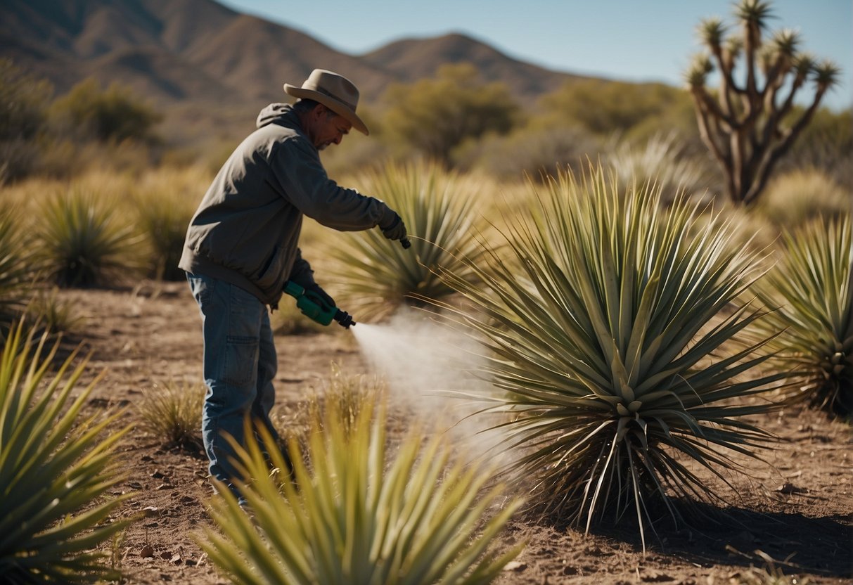 A person spraying herbicide on a patch of yucca plants, with wilted and dying plants surrounding the area